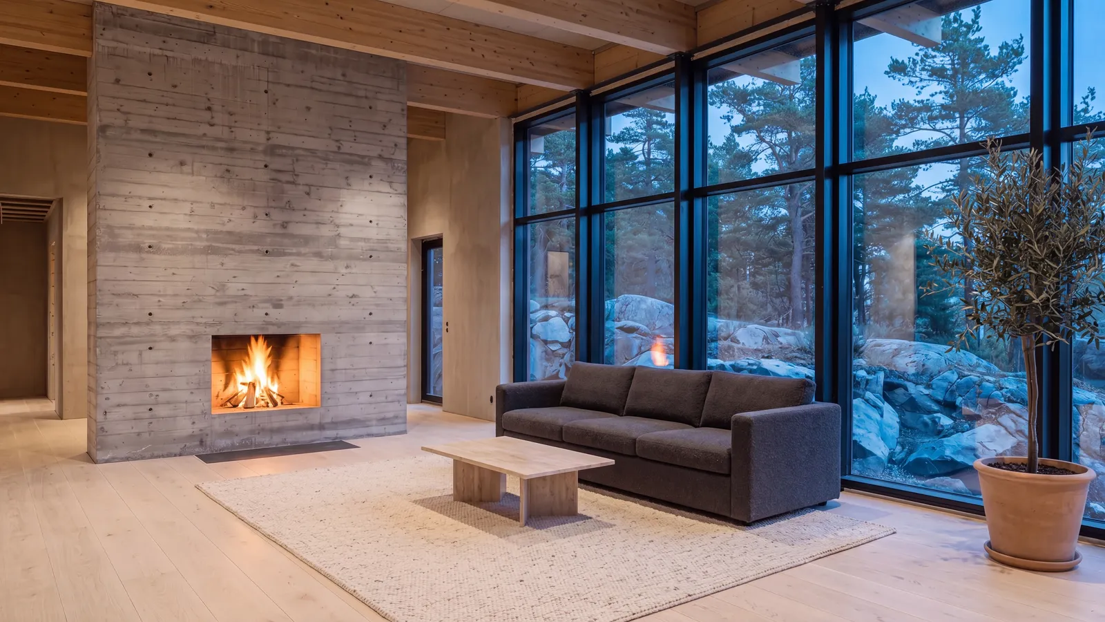 Rendering: mörk soffa, blå timme